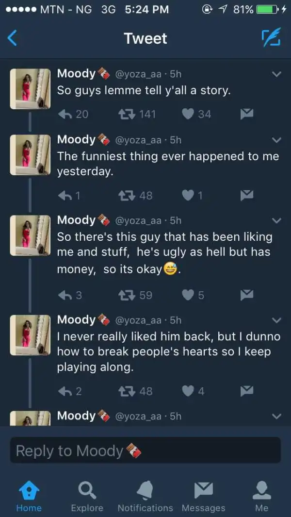 " He Is Ugly But Has Money ": Check Out This Funny Twitter Story: Who Is To Blame?